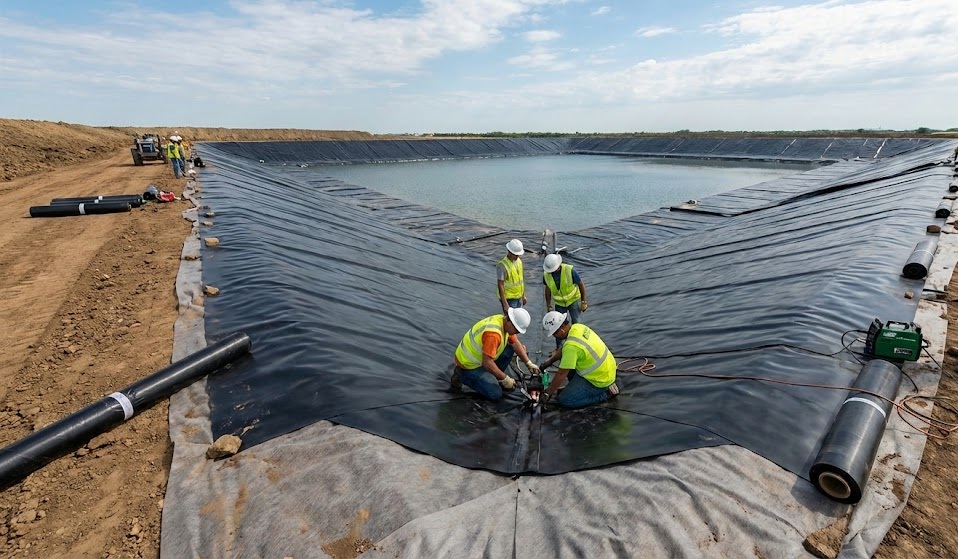 montaż geomembrany przy zbiorniku wodnym